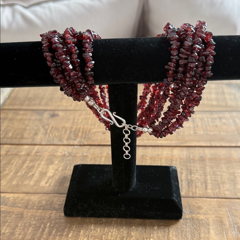 Genuine Garnet Multi Strand Necklace Sterling Silver Deep Red January Birthstone - Picture 7 of 8